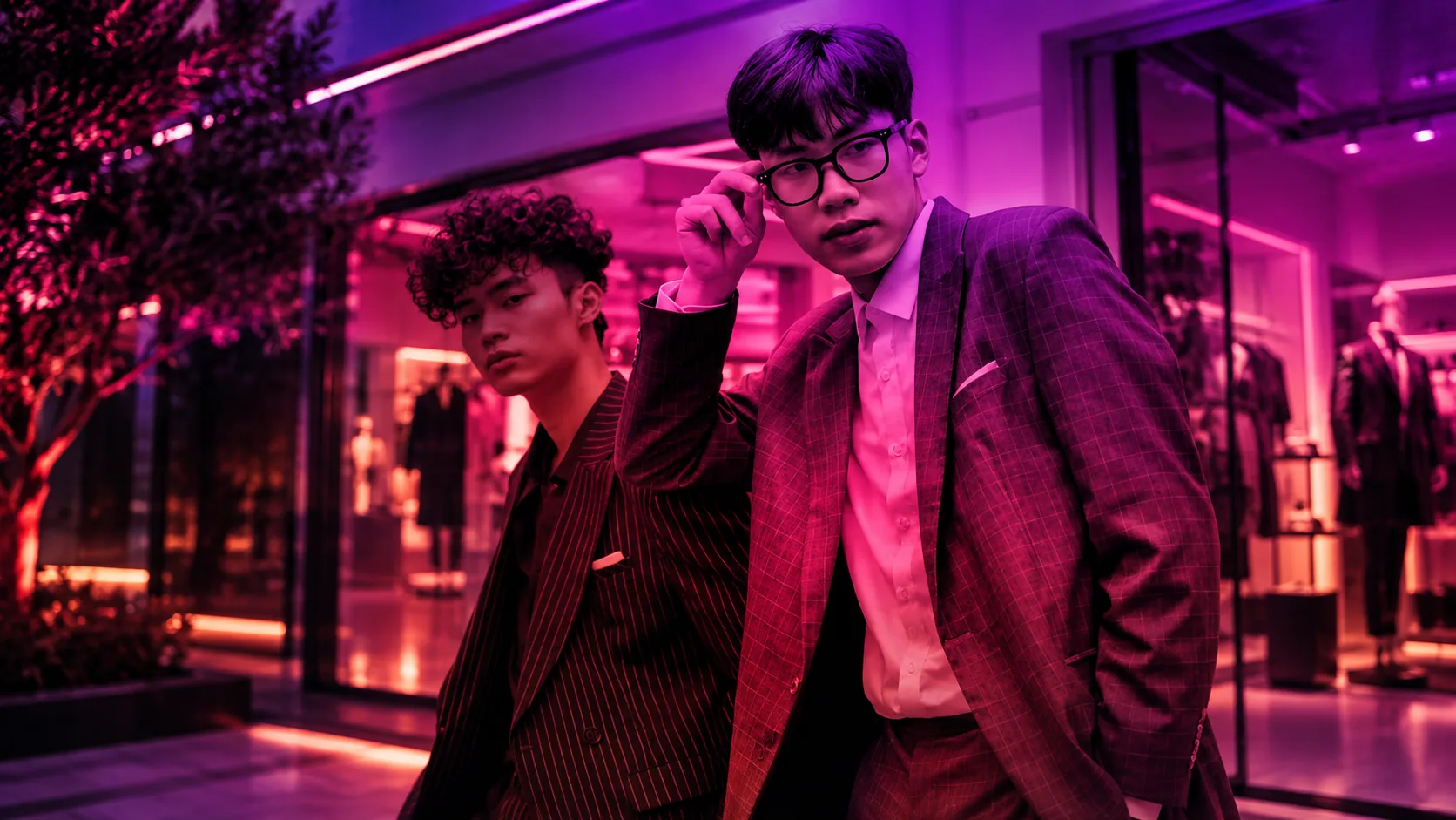Two men in tailored suits outside a boutique window lit in magenta