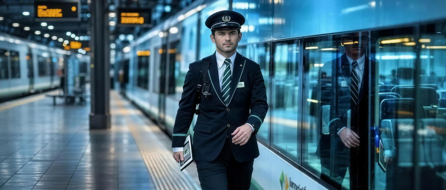 A conductor walking the platform beside an Irish Rail commuter train