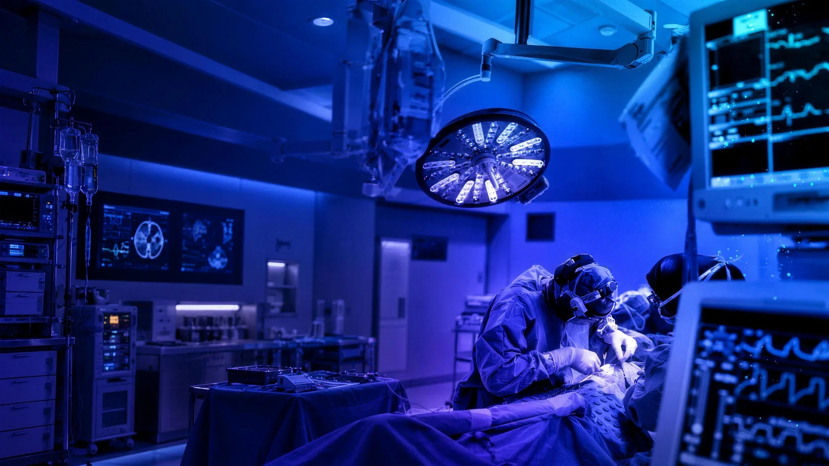 Surgeons at work in an operating theatre lit blue, with monitors and imaging equipment around them