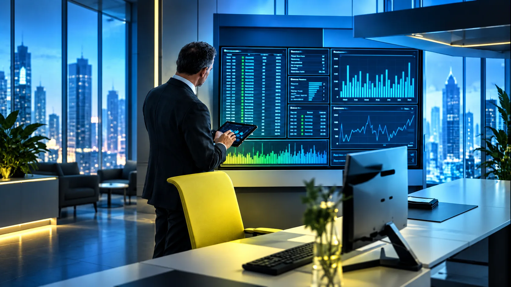 An engineer with a tablet reviewing dashboards on a wall of screens in an office at night