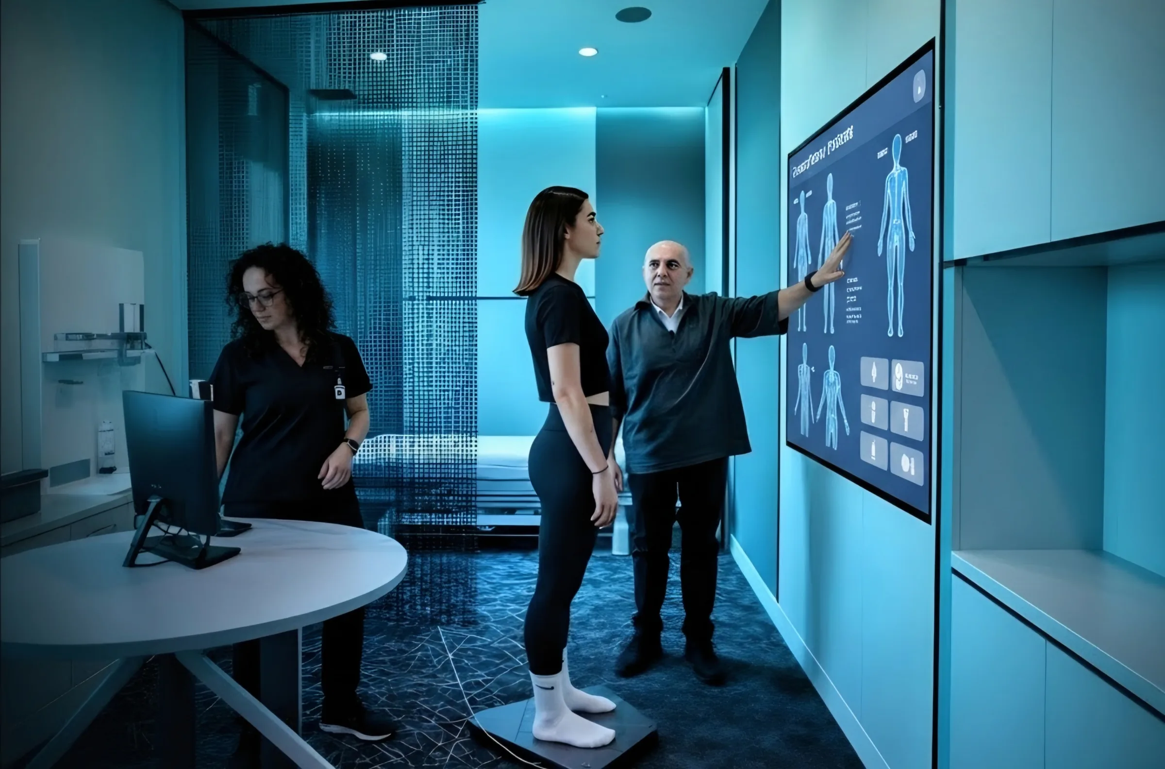 A clinician at a monitor while a patient stands on a floor sensor plate and a colleague points to a body diagram on the wall display
